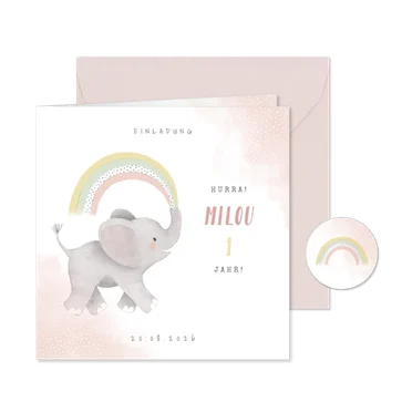 Einladungskarte 1. Kindergeburtstag Elefant & Regenbogen